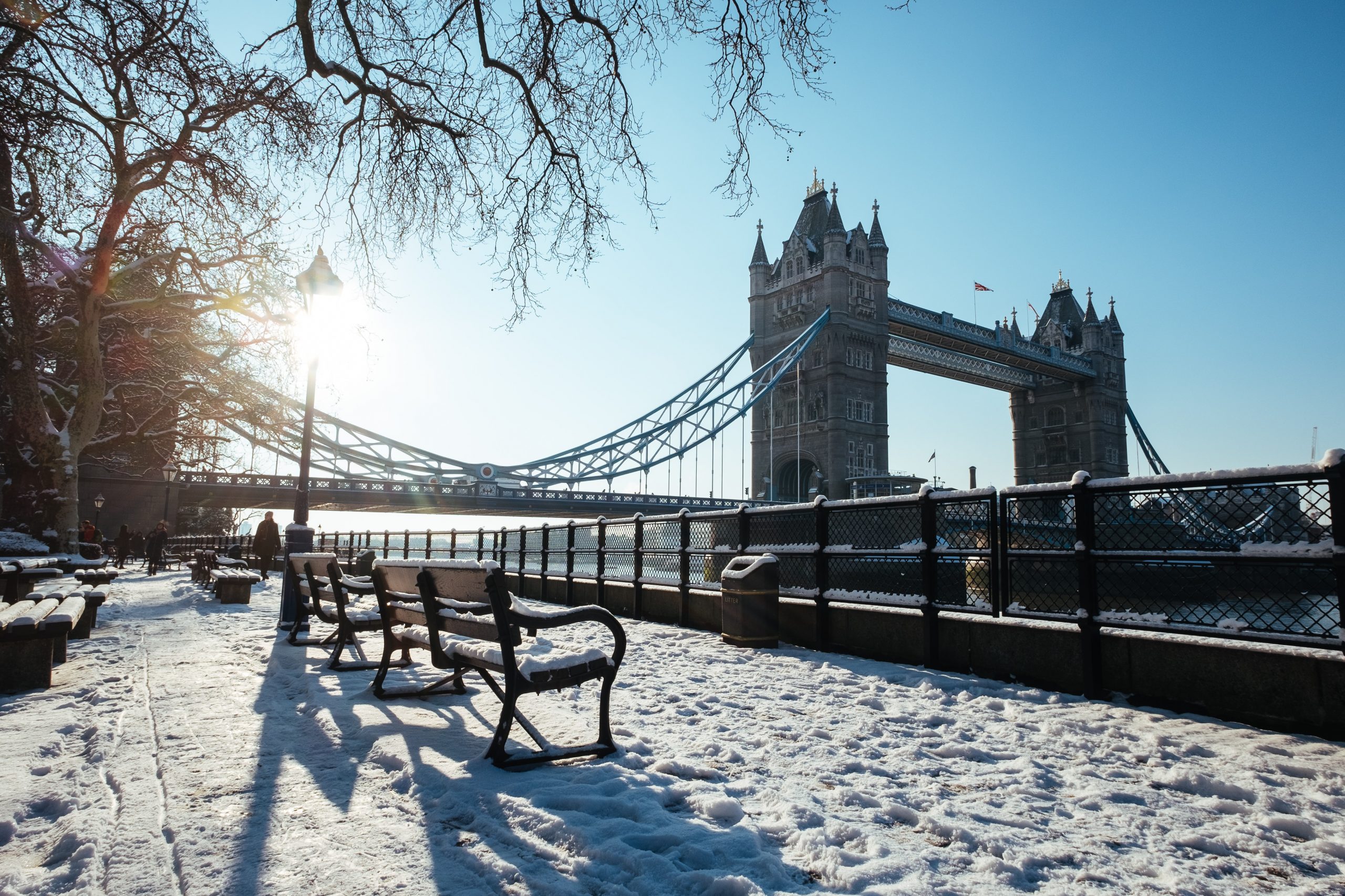 bridge in london covered in snow